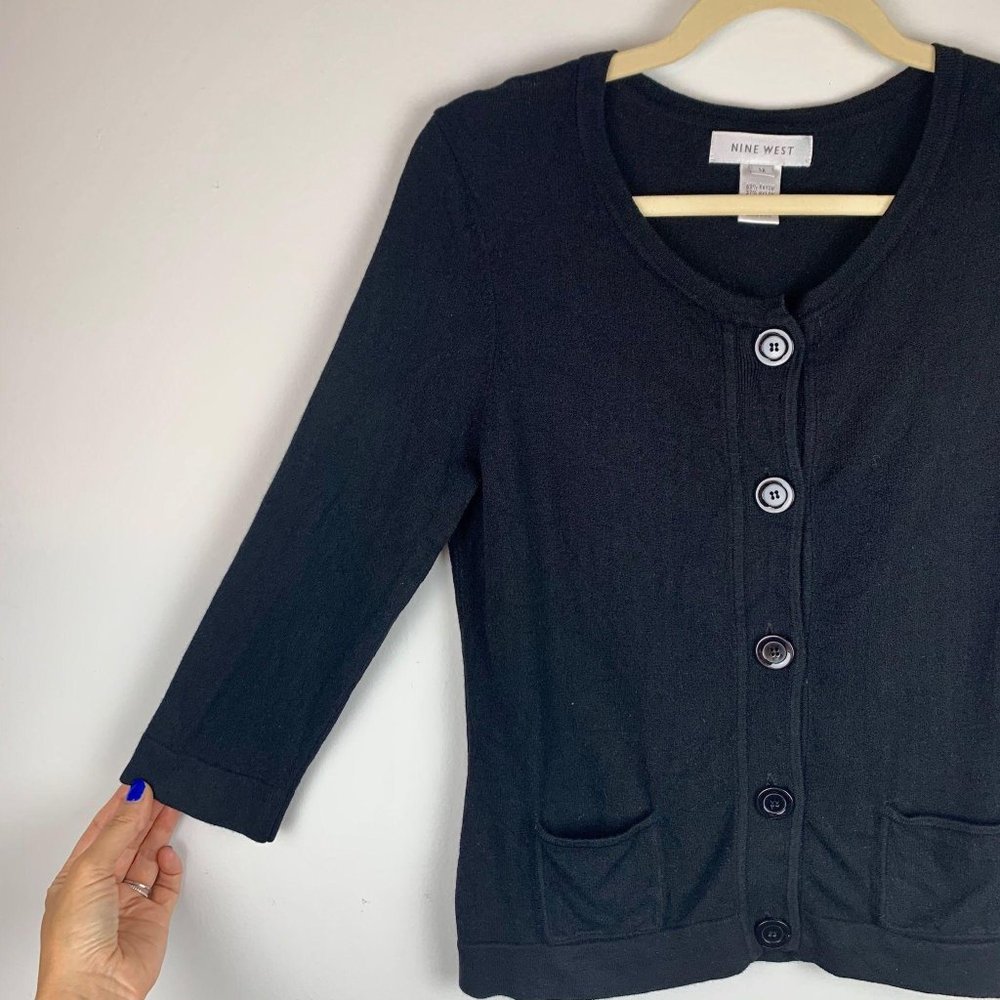 NINE WEST 3/4 Sleeve Black Button Up Top Sz M - Picture 3 of 7
